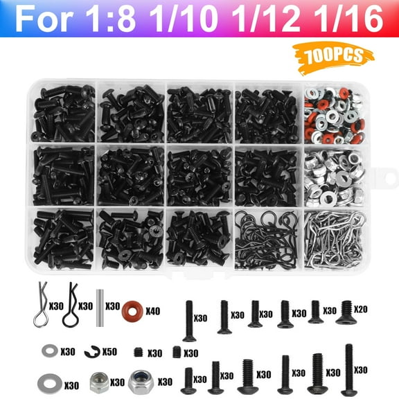 TSV 700pcs Universal RC Screw Kit, Screws Assortment Set Fit for Traxxas Arrma Axial Redcat HPS SCX10 1/8 1/10 1/12 1/16 Scale RC Cars Trucks Crawler