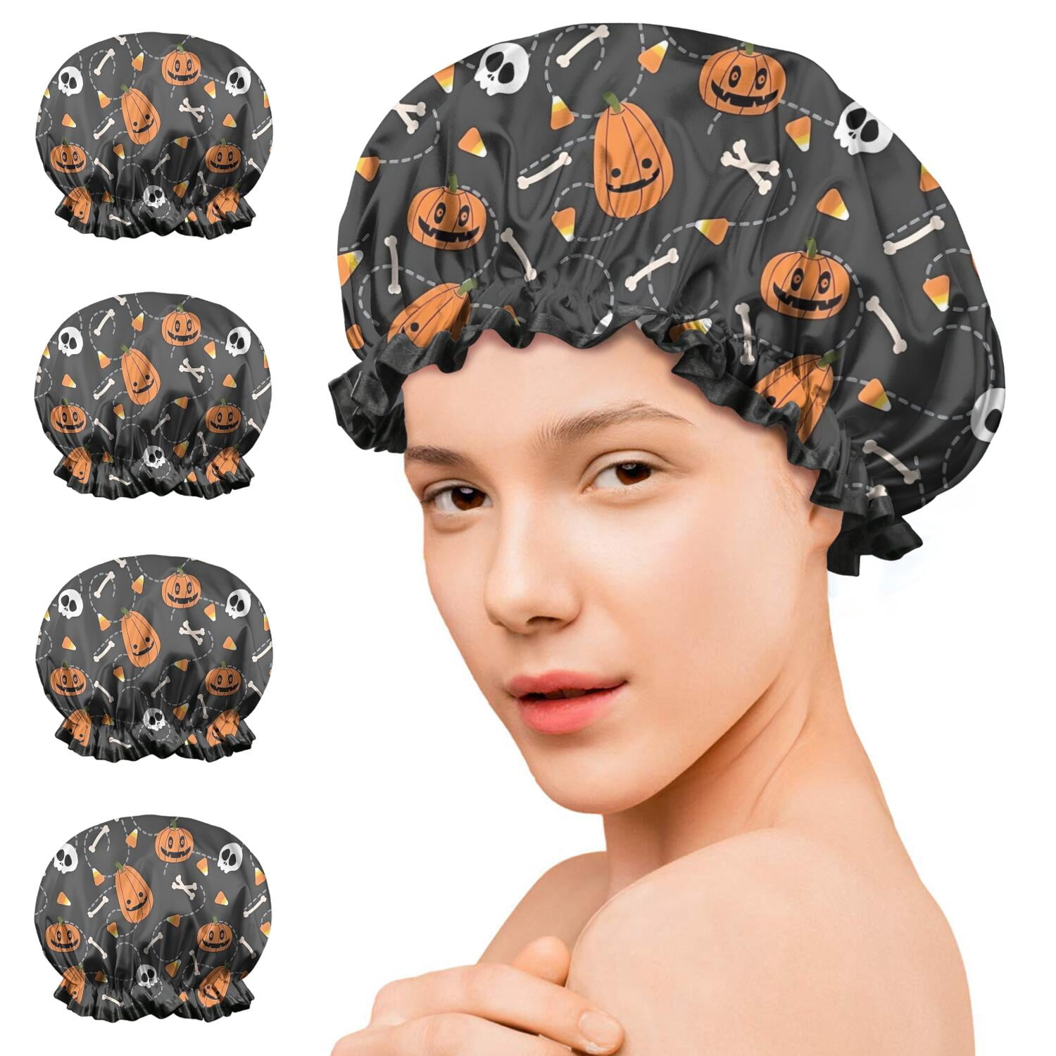 Shower Caps,Gray Halloween Pumpkins Skulls and Bones Waterproof Shower Cap for Women 4 Pieces,Double Reusable Hair Cover for Shower PEVA Elastic Stretch Hem
