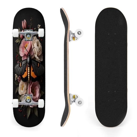 31"x8" Dark Floral Pink White Flowers Moth Gothic Complete Skateboards for Beginners, Double Kick 7 Ply Maple Deck Skateboard with Wheels, Gifts for Kids Teens