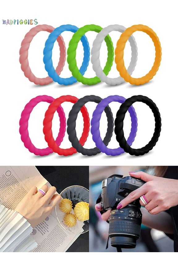 BadPiggies 10Pcs/Set Silicone Wedding Rings for Women, Thin Braided Rubber Stackable Engagement Bands Hypoallergenic (Size 5)