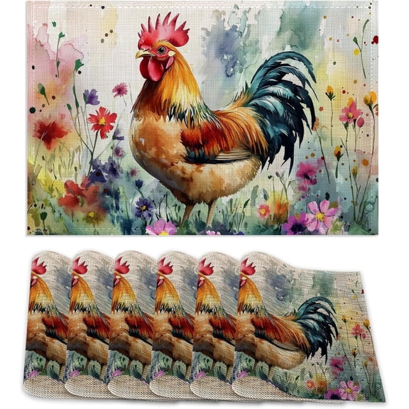 6 Pcs Placemats,Chicken Placemat,Flower Field Table Mats Washable Recyclable Table Placemats for Indoor Outdoor Heat Resistant Kitchen Dining 12"x18"