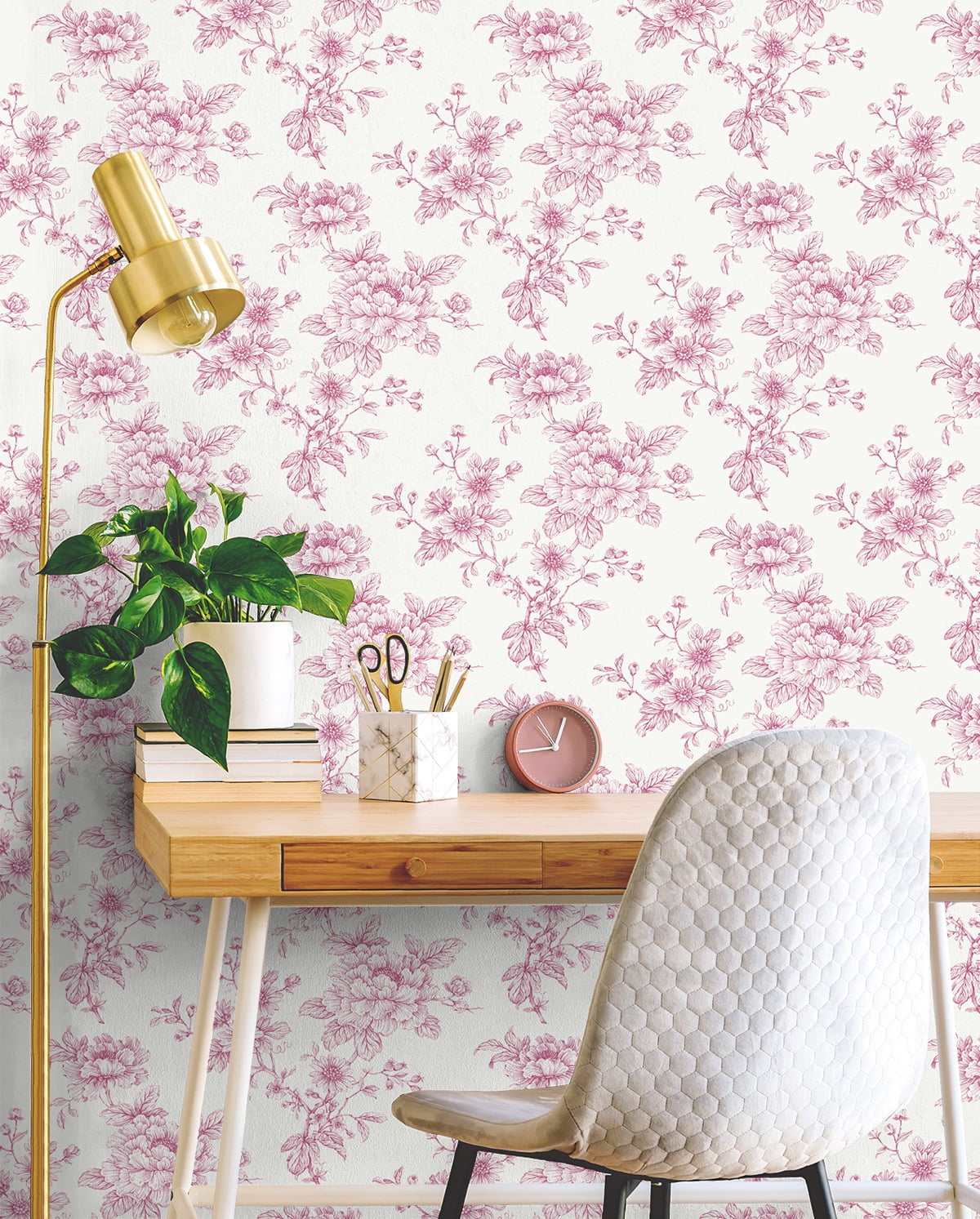 NextWall Pink Sketched Floral Peel and Stick Wallpaper