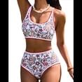 thumbnail image 1 of Conjuntos de Bikini para Mujer con Estampado Floral, Trajes de Baño de Dos Piezas con Escote Redondo y Cintura Alta. Cártamo M, 1 of 8