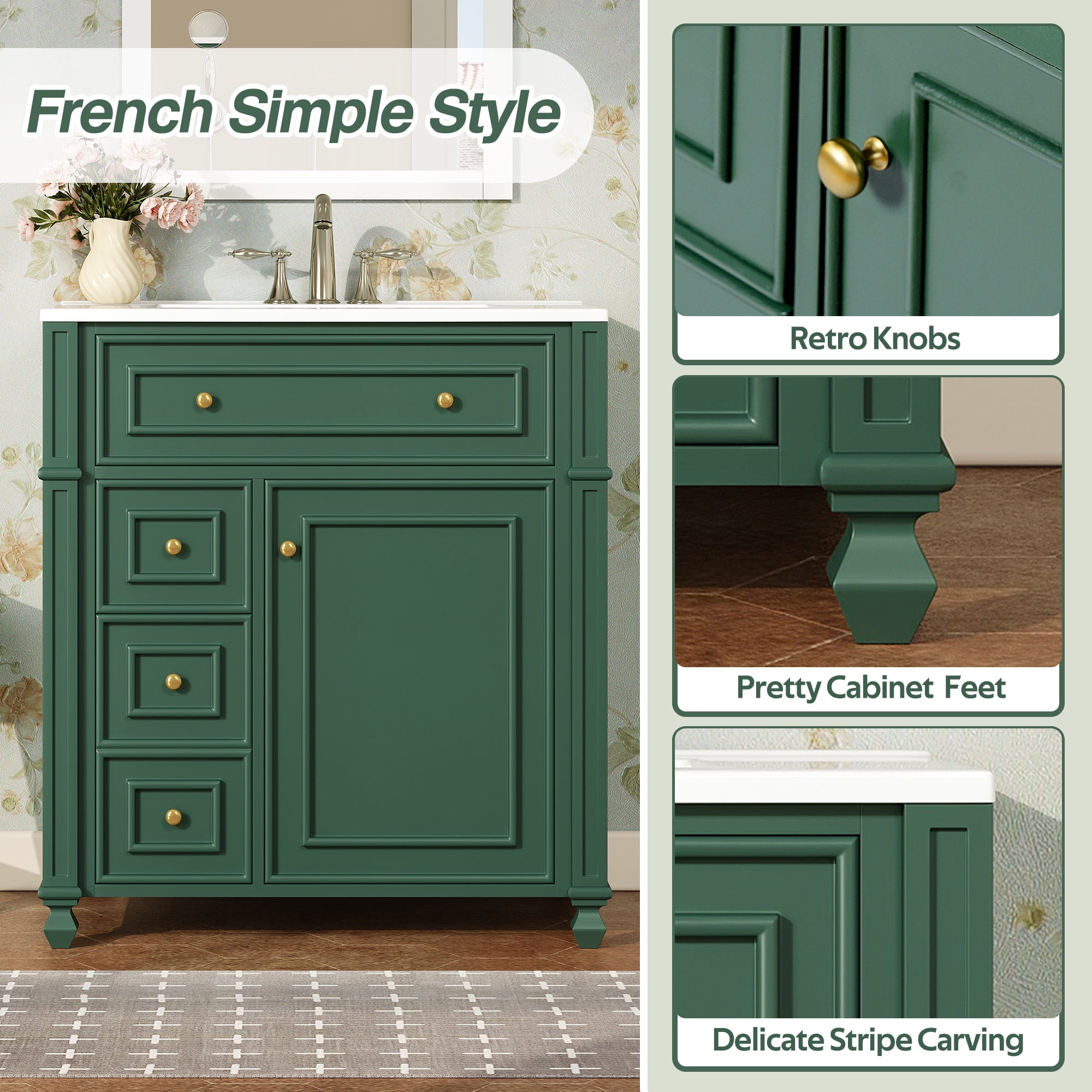 Euroco Bathroom Vanity Cabinet with Ceramic Sink Basin, 30 Inch, Storage Cabinet with Soft Close Doors and Door Organizer
