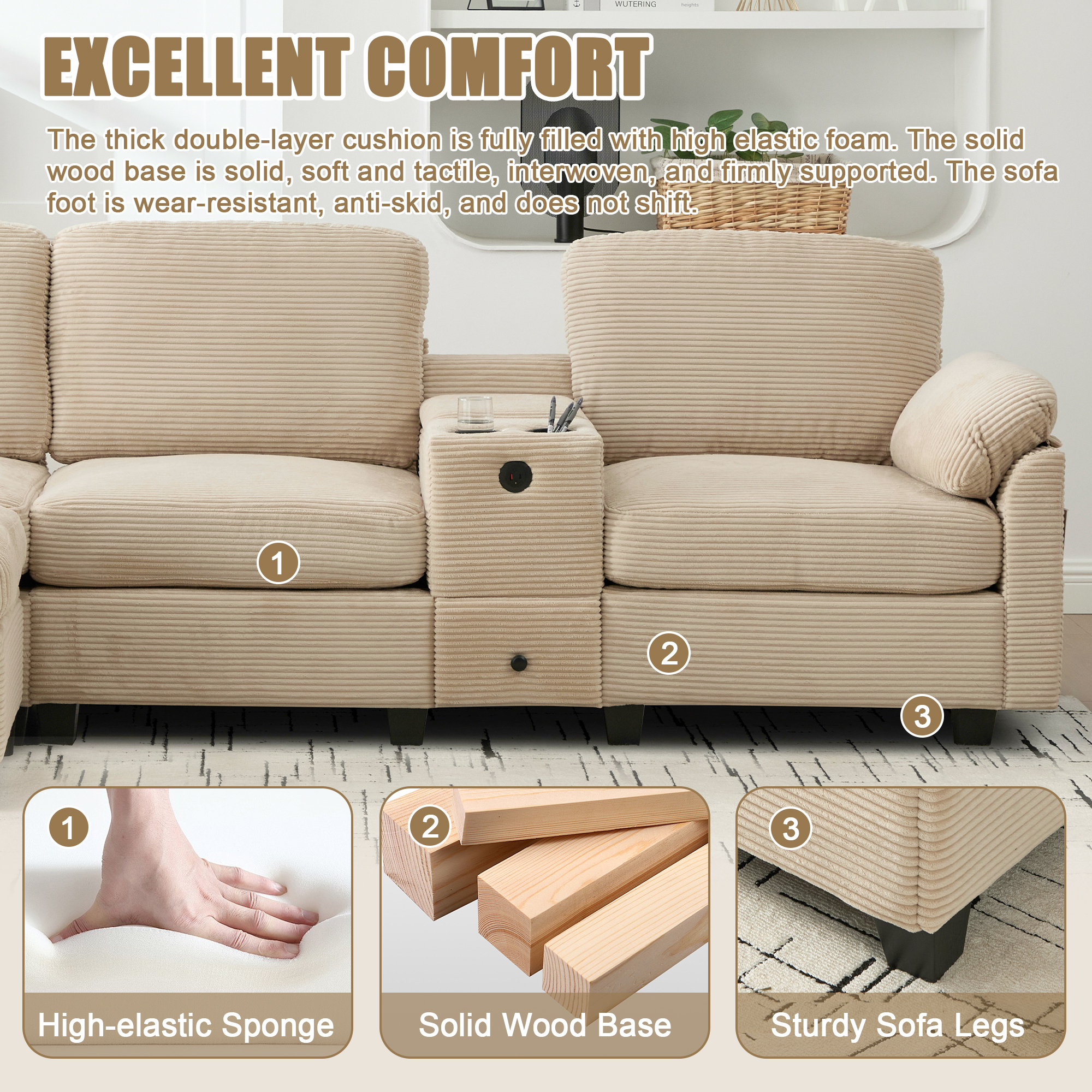 MOONMISS Corduroy Upholstered L-Shaped 4-seater Storage Multifunctional Sectional Sofa with Storage Ottoman-Khaki