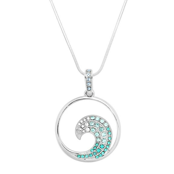 Ocean Wave Pendant Necklace Rhinestone Crystal Rhodium Plated 17 Inch Snake Chain J0684
