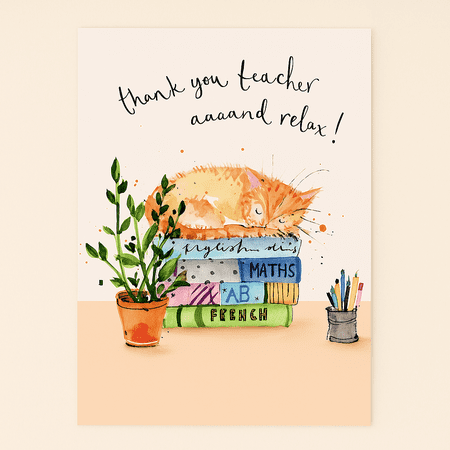 Thank You Teacher Card – Cute Cat on Stacked Books Design – Ideal for Teacher Appreciation Gifts – Blank Inside for Personal Messages – Envelope Included