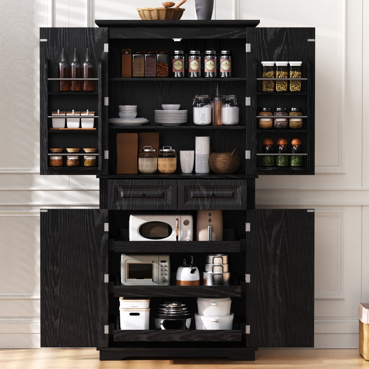 71" Tall Kitchen Pantry Cabinet, Farmhouse Storage Cabinet with 4 Doors, 2 Drawers, 3 Pull Out Organizers, 6 Door Shelves, Adjustable Shelves, Freestanding Cupboard for Kitchen, Black