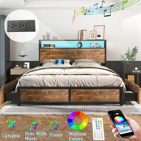 Full LED Bed Frame with Storage - 2 Tier Headboard and 4 Drawers - Platform Bed Wood Metal Bed Frame with Power Outlet and USB Ports(Brown-Full)