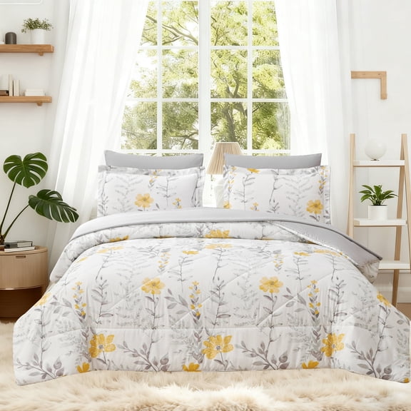 Jessy Home 3 Piece Comforter Set Queen Yellow Floral Quilt Microfiber Patchwork Bedspread