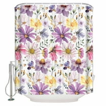 Fabric Shower Curtain, Summer Wildflowers Leaves Purple Floral Plants Watercolor Shower Curtains with 12 Hooks Waterproof Machine Washable Bath Curtains for Bathroom, 48x 72in
