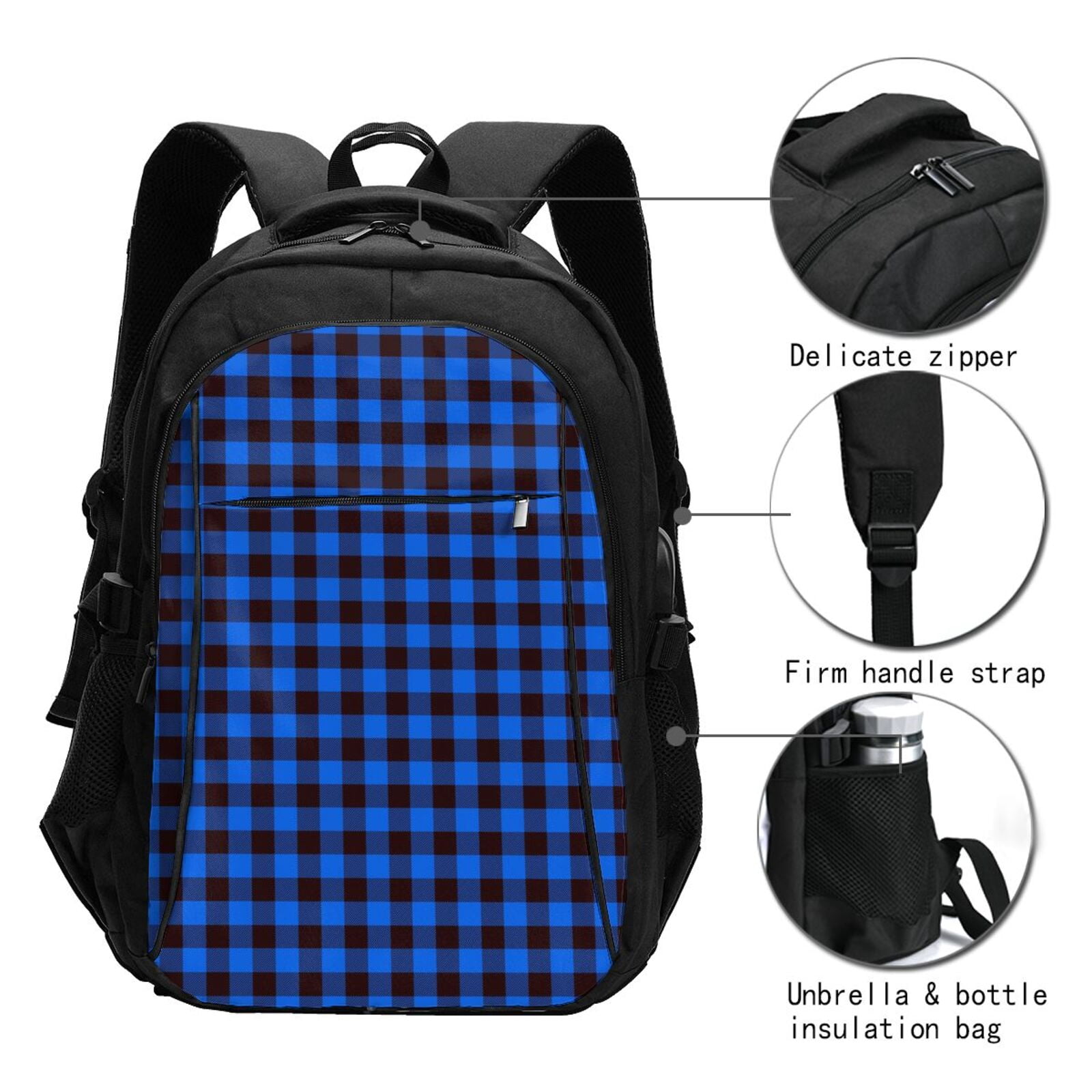 Vsdgher Buffalo Plaid Blue Black Print Travel Laptop Backpack, Laptops Backpack with USB Charging Port, Water Resistant Computer Bag Gift for Men & Women