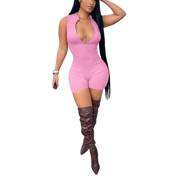 VISgogo Body corto sin mangas para mujer, color sólido acanalado en la parte delantera con media cremallera Slim Fit Jumpsuit Clubwear VISgogo moda