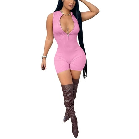 

Frobukio Women Sleeveless Short Bodysuit Ribbed Front Half Zipper Rompers Slim Fit Jumpsuit Clubwear Pink XL