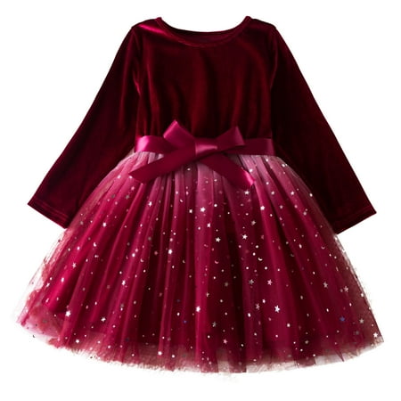 IVEYRTF Girls Long Sleeve Princess Dress with Ruffled Lace and Bow Detail for Fall Winter Holiday Party Wear Elegant Round Neck Embroidery Mesh Cake Layered Dresses(Red#2 6 Years)