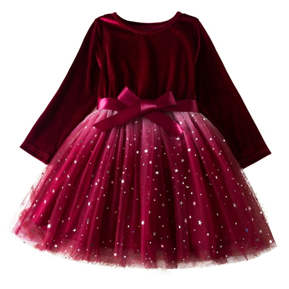 Besolor Toddler Girls Christmas Dress Velvet Long Sleeve Sequins A-Line Princess Party Tulle Dress Fall Clothes