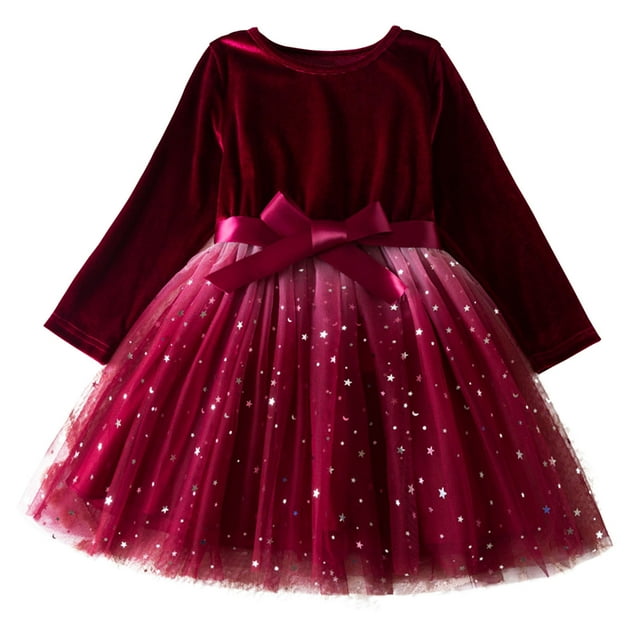 Robe à Manches Longues pour Filles 2-8 Ans, Robe de Princesse à Volants à Étages, Col Rond, Fête des Fêtes, Automne Hiver, Velours, Robe Semblable au Velours, Filles