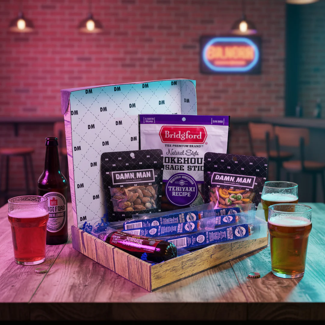 Damn Man Deluxe Beef & Brews Snack Box - 12 Pc Gourmet Gift - Meat Stick & Nuts