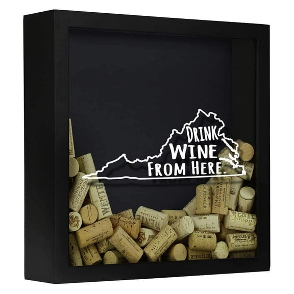 TORCHED Virginia Drink Wine From Here Wine Cork Shadow Box 14" x 14" x 5" | Wall Mount Decor | Black