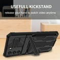 thumbnail image 5 of Heavy Duty Case for Samsung Galaxy S21 FE Credit Card Slot Holder Kickstand Bracket Cover, Military Grade Dual-Layers Rugged PC Shockproof Anti-Scratches Lens Protection Case, Black, 5 of 9