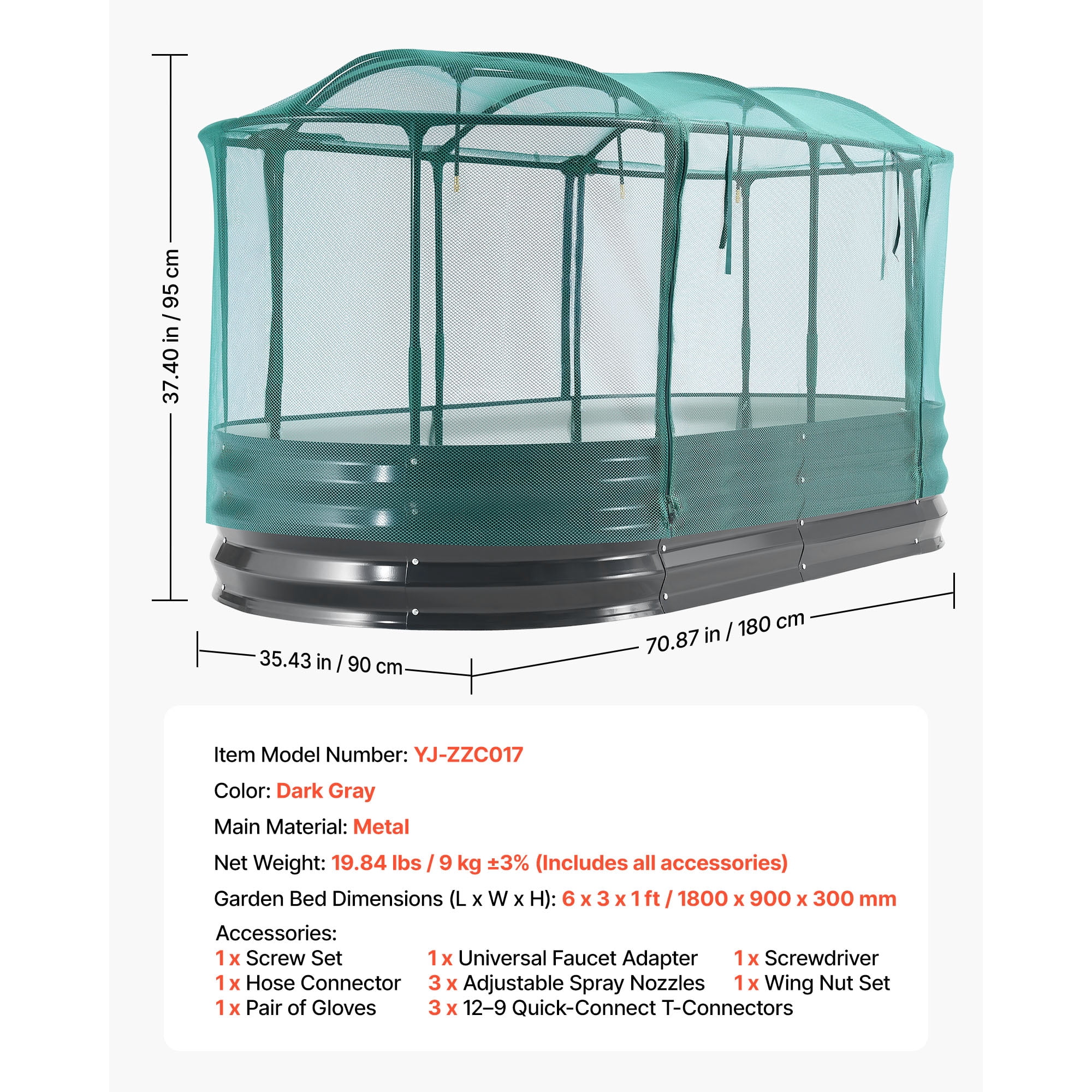 KFFKFF Galvanized Raised Garden Bed, 6 x 3 x 1 ft, with Integrated Watering System and Protective Mesh Cover, Oval Metal Planter Box for Outdoor Use, Rust-Resistant Alu-Zinc, Dark Gray
