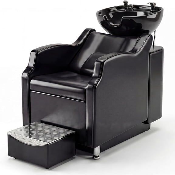 Shampoo Bowl and Chair Set, Backwash Hair Washing Station with ABS Shampoo Bowl Sink and Footrest, Load Weight 450 Lbs, for Hair Stylist Spa Beauty Barbershop, Black