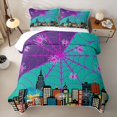 thumbnail image 2 of Erosebridal Neon Spider Web City Quilt Full for Boys Girl, Teal Purple Halloween Cartoon Town Full Bedspread Sets, 3pcs, 2 of 7