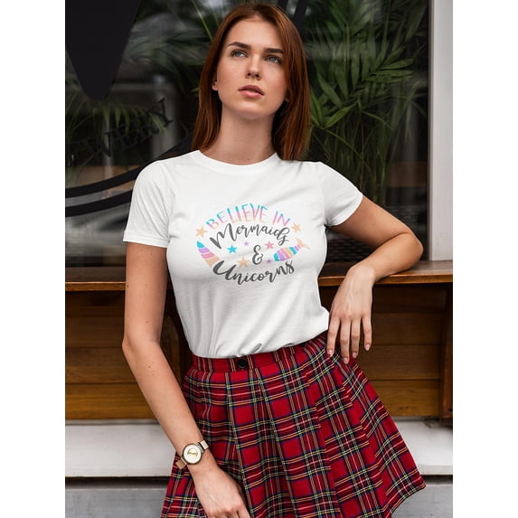 Believe In Mermaids And Unicorns Shaped T-Shirt Women -Image by Shutterstock, Female Large