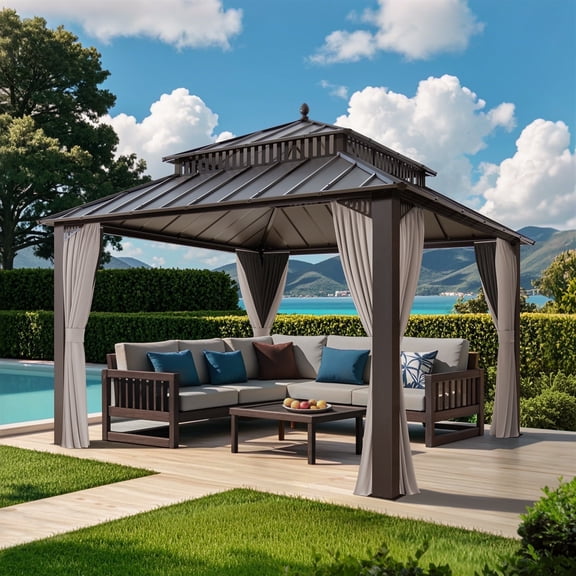 Sunjoy 12x12 Kingston Hardtop Rectangular Gazebo Brownwith Curtain and Netting - Brown Aluminum Posts