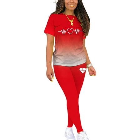 

Capreze Ladies Two Piece Outfit Crew Neck Jogger Set Short Sleeve Lounge Sets Casual Pajamas Gradient Sleepwear Red S