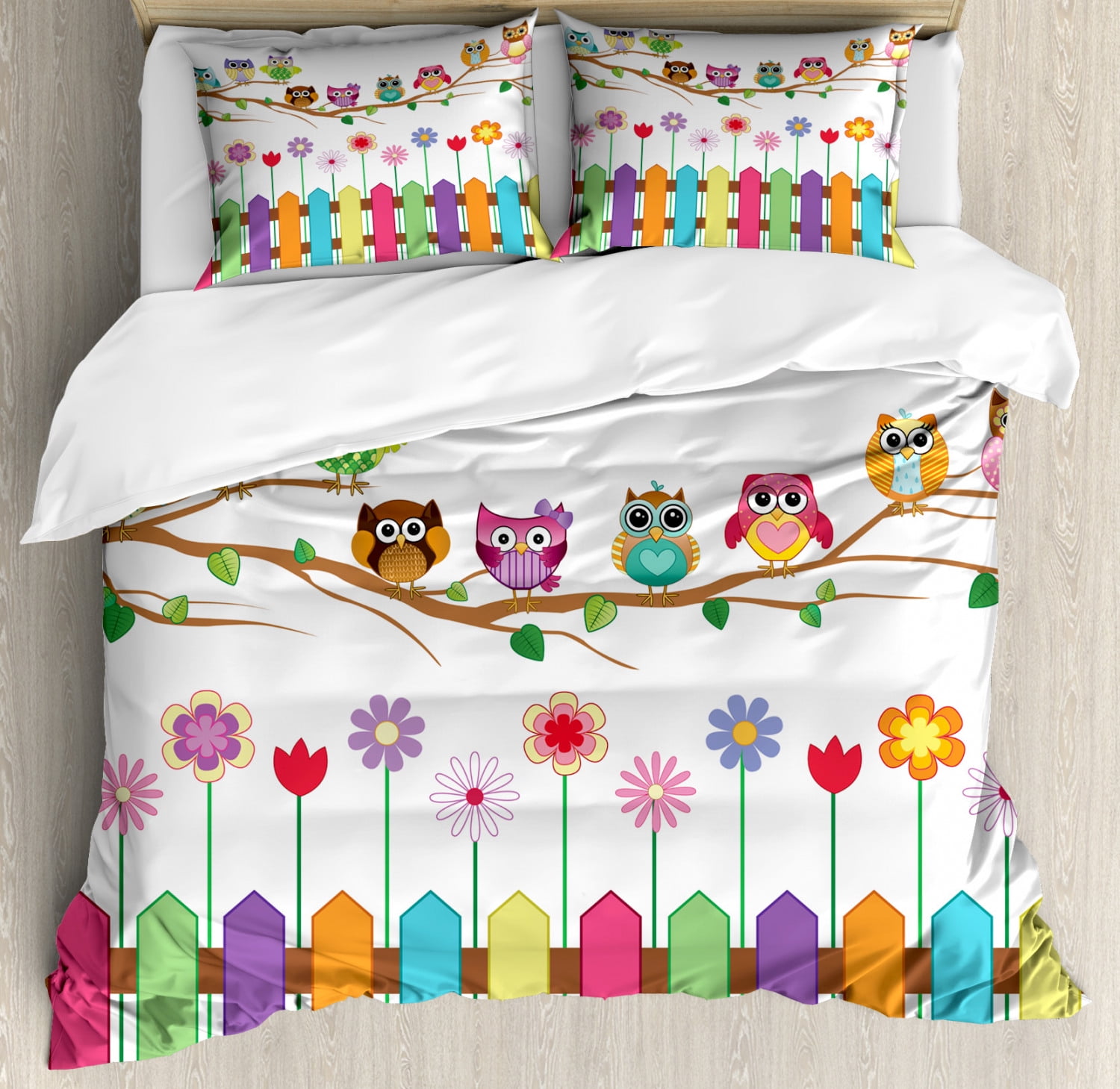 Owls Queen Size Duvet Cover Set, Owls on a Branch Sunny Day in