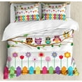 thumbnail image 1 of Owls King Size Duvet Cover Set, Owls on a Branch Sunny Day in Countryside Farmhouse Fences Wildflowers Holidays Art, Decorative 3 Piece Bedding Set with 2 Pillow Shams, Multicolor, by Ambesonne, 1 of 3