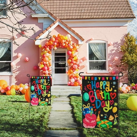 Gyryp Happy Birthday Garden Flag Burlap 12x18 Double Sided, Colorful Cake Toppers Personalized Banner Farmhouse Yard Sign Kids Birthday Party Outdoor Decorations