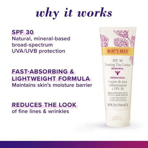 Burt’s Bees® Renewal Firming Day Lotion with Bakuchiol,, Broad Spectrum SPF 30 Lightweight Mineral Sunscreen