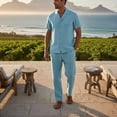 thumbnail image 5 of Men's 2 Piece Linen Outfits Cuban Guayabera Short Sleeve Shirts and Pants Summer Beach Vacation Sets for Men Big and Tall Size S-3XL Sky Blue, 5 of 9