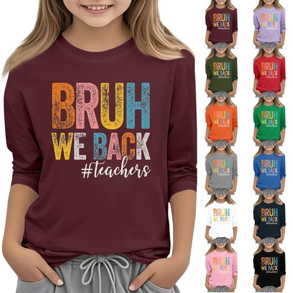 Back To School Outfits for Girls Cute Tops for Girls 3/4 Sleeve Novetly Letter Print Girls Shirts Crew Neck Soft Casual Clothes for Teen Girls Tunic Tops Wine 9-10 Years
