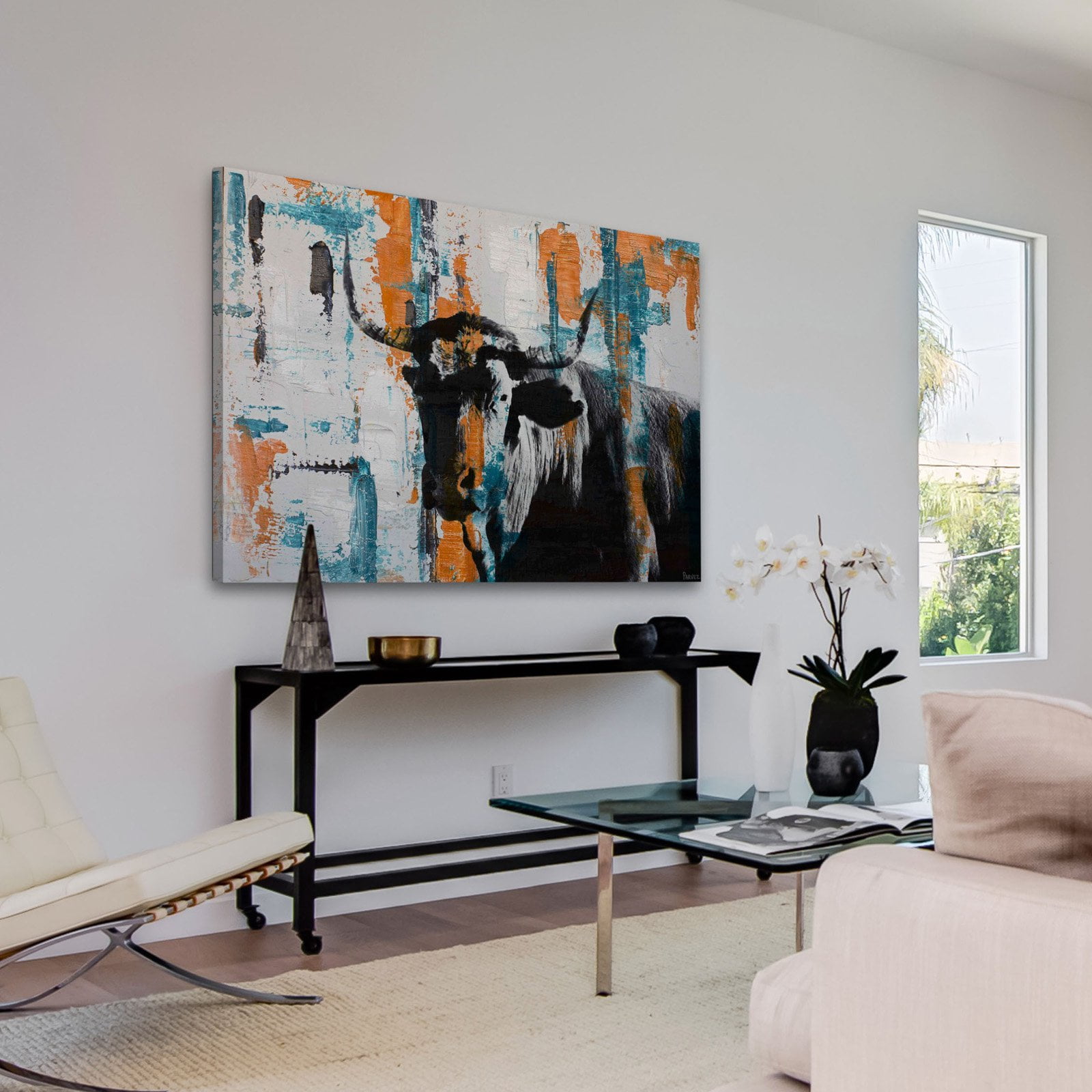"Orange Teal Steer" Painting Print on Wrapped Canvas