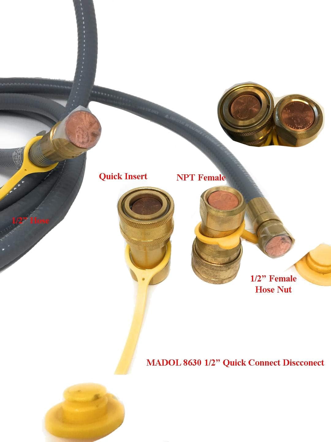 12 Feet 1/2" QDD+NG 144" Hose for Use with Natural Gas or Propane- Adaptor Kit 1/2" Quick Disconnect Low Pressure Hose Assembly for Outdoor Grill Griddle Smoker Fire Pit Pizza Oven Generator Heater