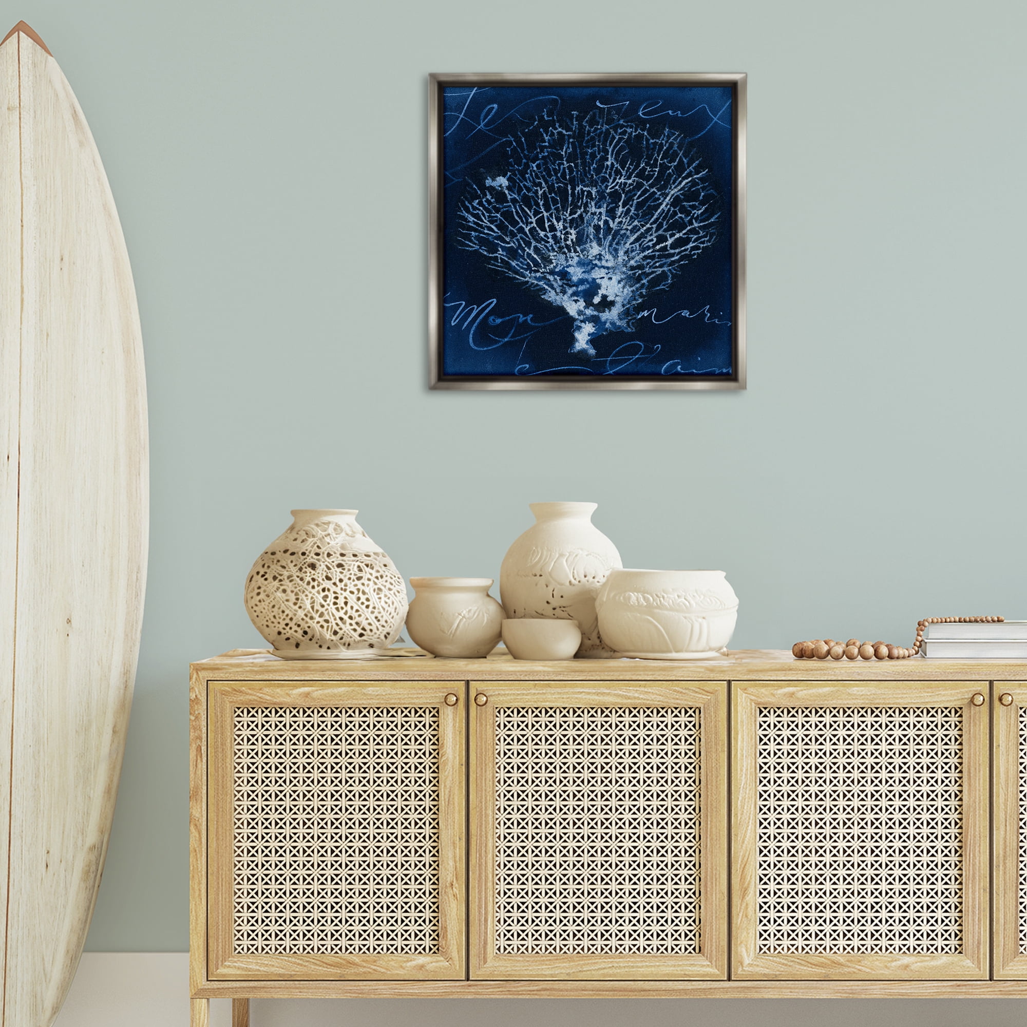 Stupell Industries Vintage Marine Life Coastal Painting Gray Floater Framed Canvas Art Print Wall Art, 25 x 25