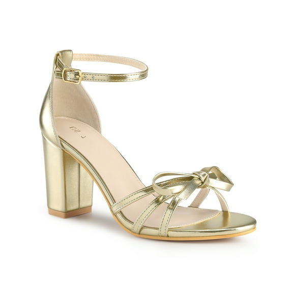 Unique Bargains Women's Bow Tie Open Toe High Block Heels Sandals Gold (Size 10)