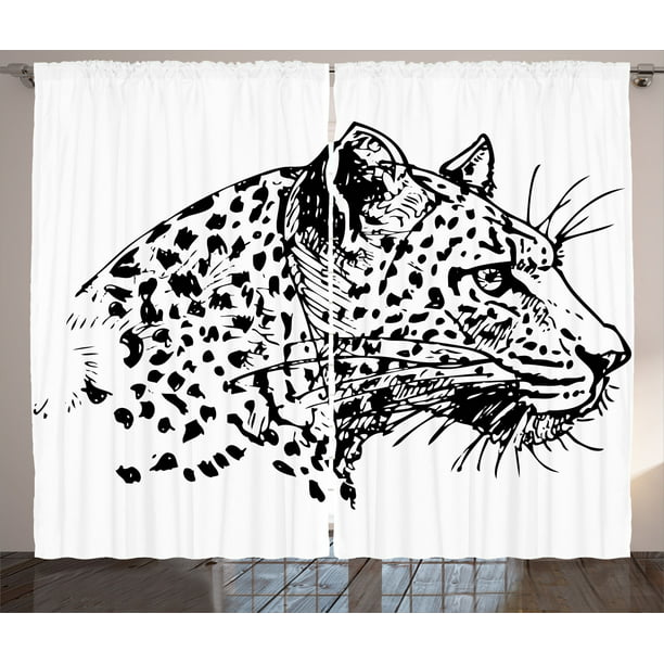 Sketchy Curtains 2 Panels Set, Hand Drawn Jaguar Profile Wildlife Jungle  Animal African Safari Theme Artwork, Window Drapes for Living Room Bedroom,  108W X 63L Inches, Black White, by Ambesonne 