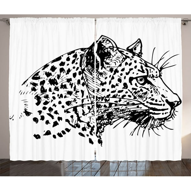 Sketchy Curtains 2 Panels Set, Hand Drawn Jaguar Profile Wildlife Jungle Animal African Safari Theme Artwork, Window Drapes for Living Room Bedroom, 108W X 63L Inches, Black White, by Ambesonne Sketchy Curtains 2 Panels Set, Hand Drawn Jaguar Profile Wildlife Jungle Animal African Safari Theme Artwork, Window Drapes for Living Room Bedroom, 108W X 63L Inches, Black White, by Ambesonne