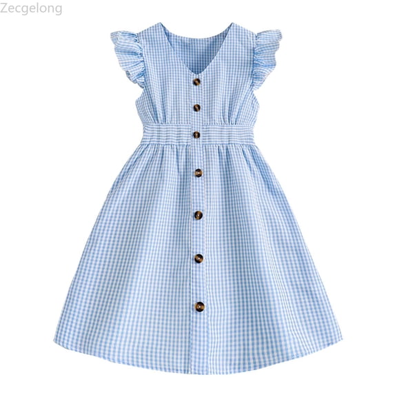 Zecgelong Summer Toddler Girl Dress With Flutter Sleeves Checkered Button Front Dress For Kids Girls Summer Dresses Size 8 Years Blue