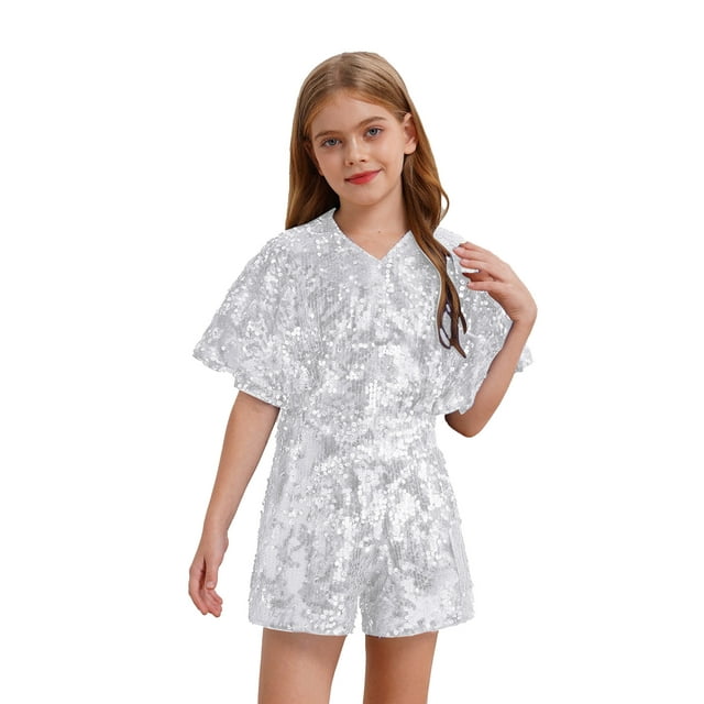 Xnihocha Combinaison à Sequins Scintillants pour Filles - Col en V Manches Courtes pour Fête Performance Argent 8
