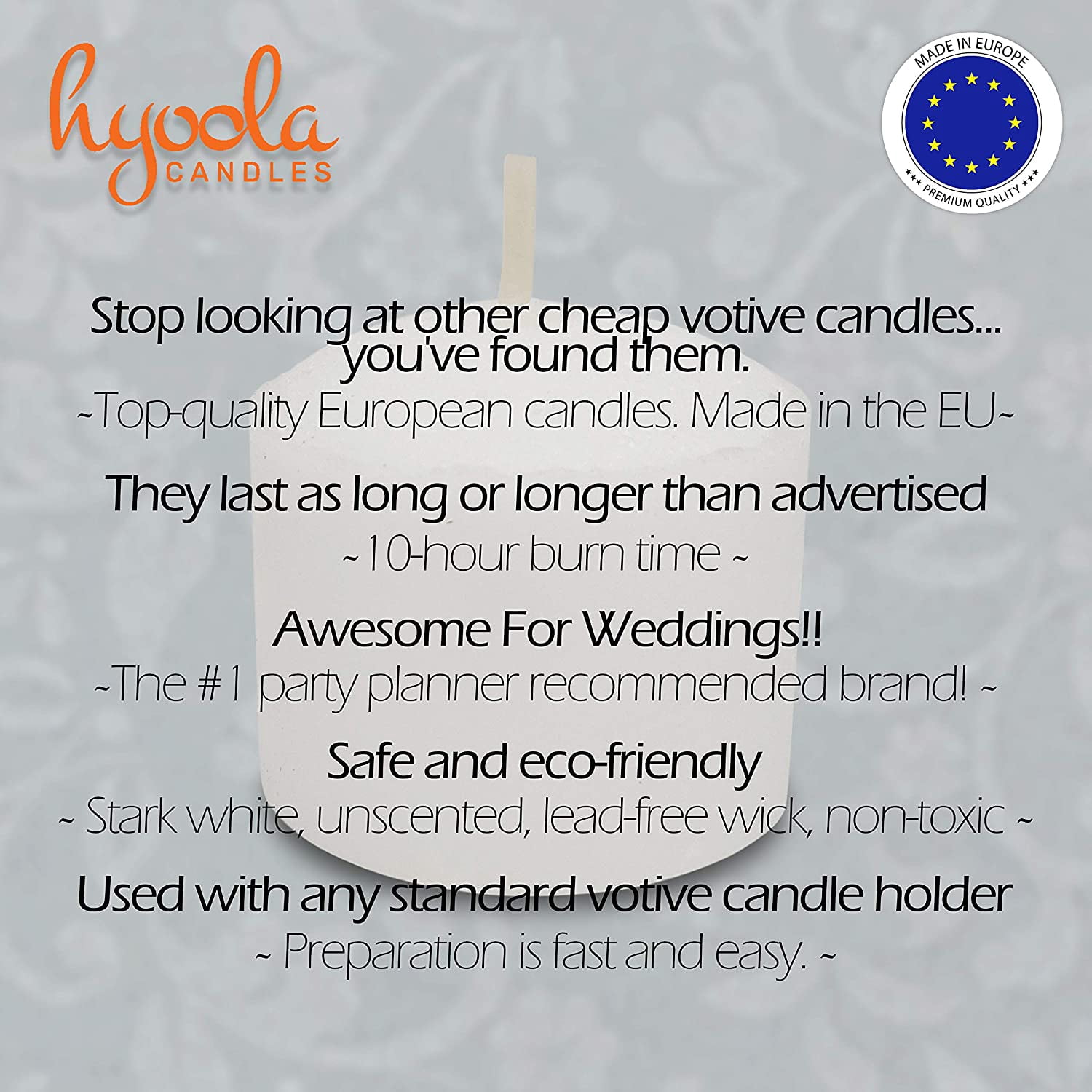 Hyoola Unscented 10 Hour White Votive Candles, Paraffin Wax with Cotton Wicks, 50-Pack