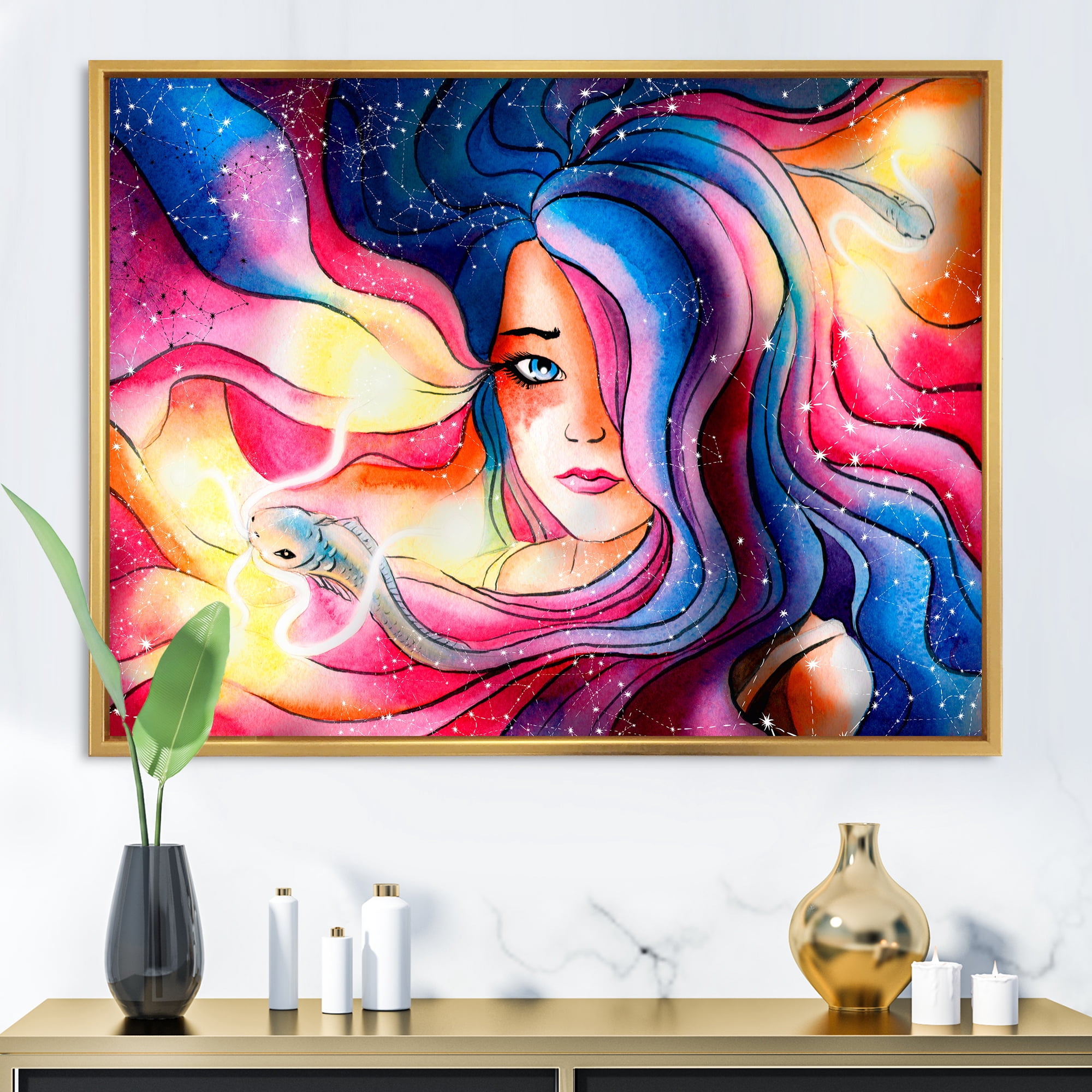 Designart 'The Girl Portrait With The Glowing Hair' Modern Framed Canvas Wall Art Print