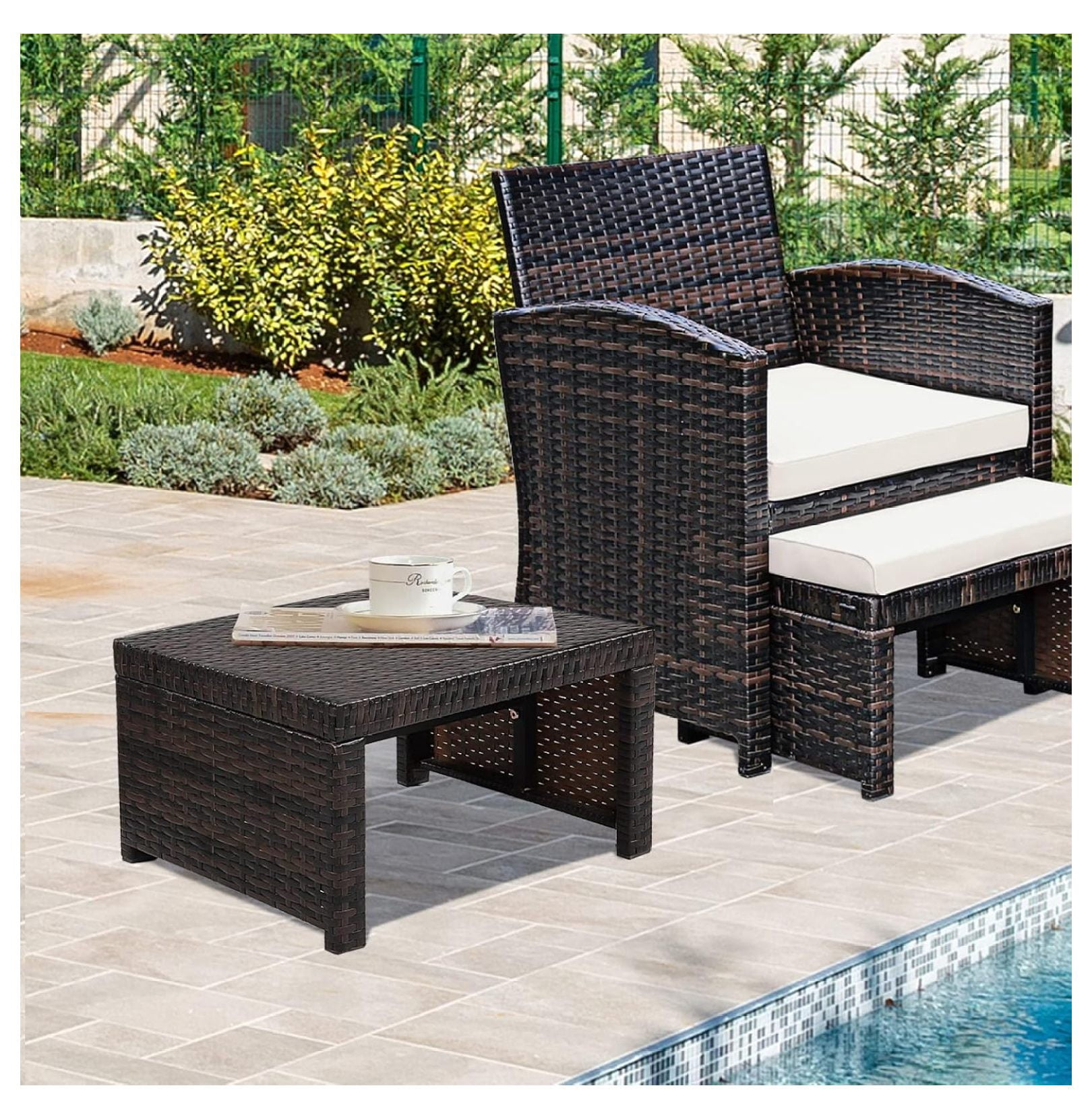 Outdoor Wicker Ottomans with Cushions, Steel Frame Patio Rattan Footstool, 2-Piece