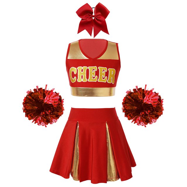 Miaeowve Tenue d'Uniforme de Cheer pour Filles du Secondaire pour Fête Musicale Vêtements de Cheerleading avec Pompons A Rouge 10
