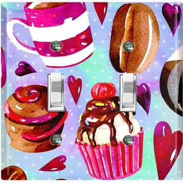 Metal Light Switch Wall Plate Outlet Cover (Coffee Mocha Candy Bean Toffee Swirl Cupcake Teal Purple Polka Dots Heart - Double Toggle)