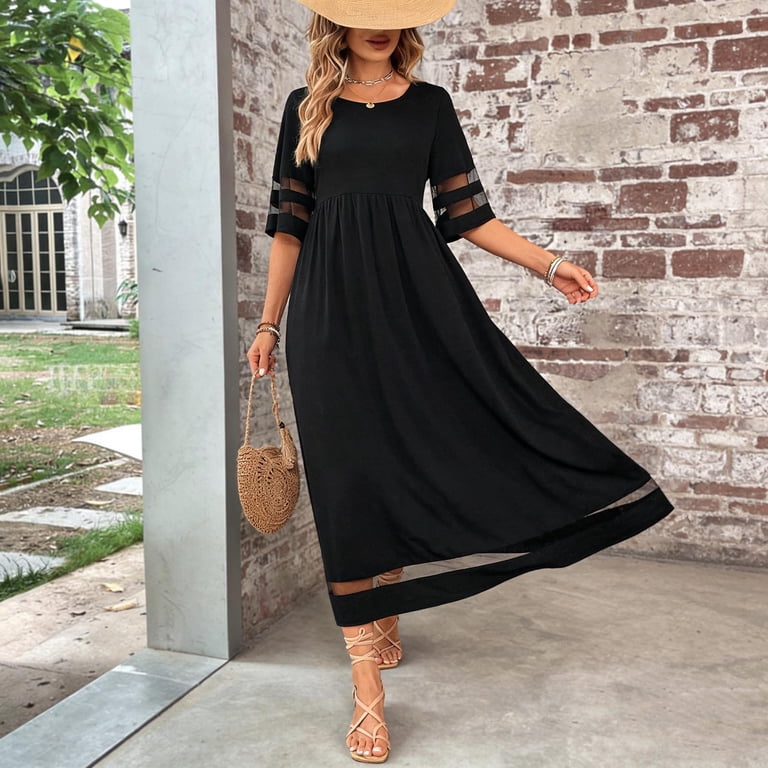 DeHolifer Womens Summer Dresses Casual Maxi Dresses Mesh 3/4 Sleeve Crewneck Smocked Elastic Waist Boho Beach Dress Black XL